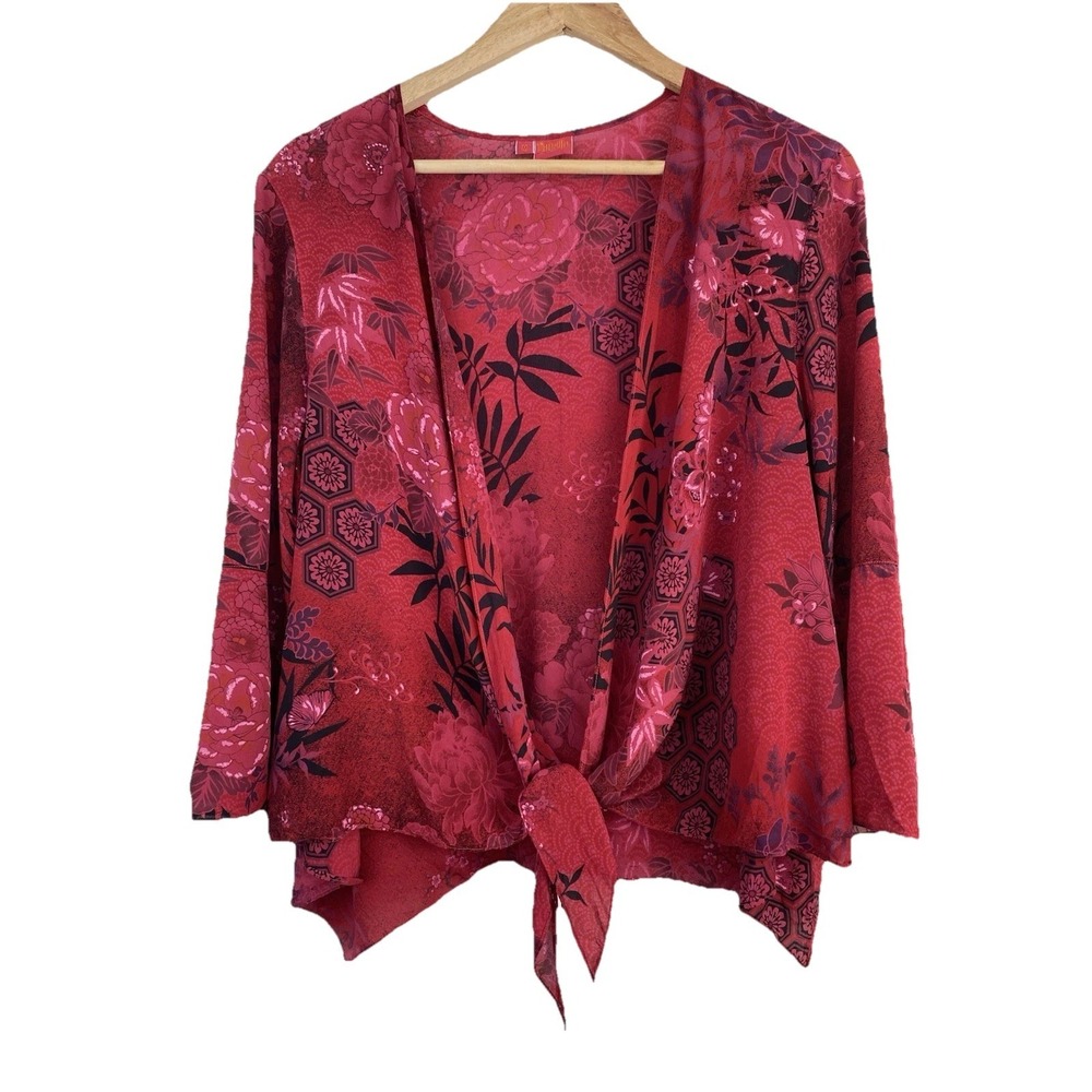 Tianello by Steve Barraza Women's M Red Black Floral Silk Yuriko Wrap Blouse